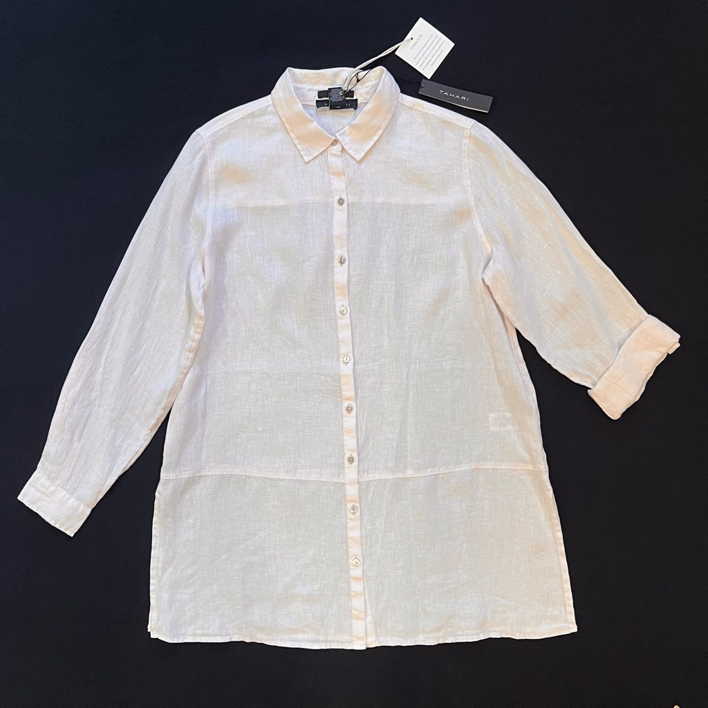 Tahari Vintage Look Linen Light Pink Button Up Adjustable Tab Sleeve Tunic Shirt